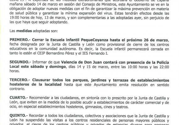 20200313, Bando Alcaldía Valencia de Don Juan medidas complementarias Covid-19