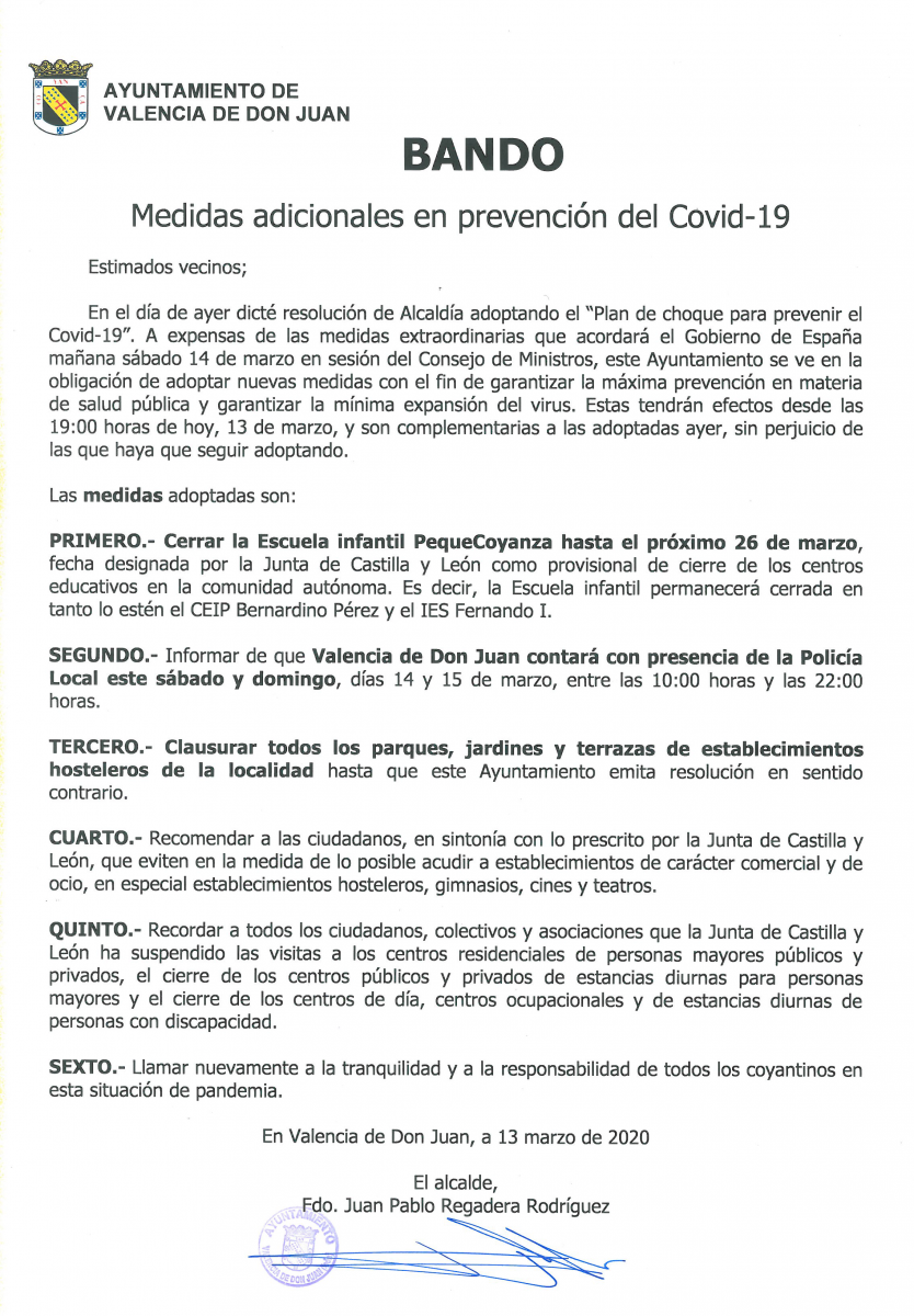 20200313, Bando Alcaldía Valencia de Don Juan medidas complementarias Covid-19