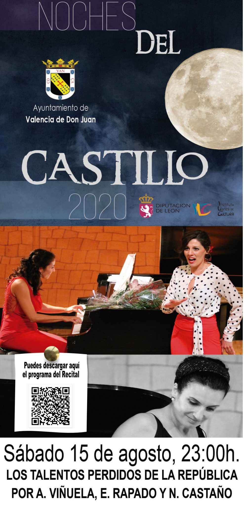 «Noches del Castillo”: “Los talentos perdidos de la República: recital poético musical sobre García Lorca, Antonio José, Mª Teresa Prieto y María Rodrigo”, a cargo de la soprano Adriana Viñuela Simón, la actriz Nuria Castaño Gutiérrez y la pianista Elisa Rapado Jambrina.