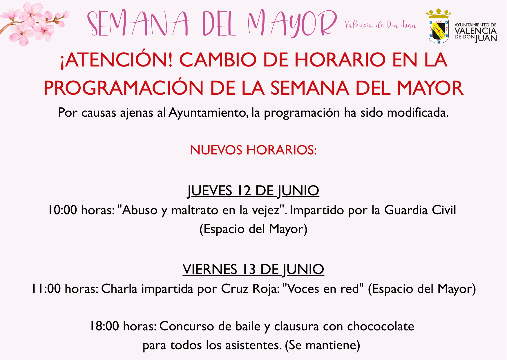➡️ ¡ATENCIÓN! CAMBIO DE HORARIO EN LA PROGRAMACIÓN DE LA SEMANA DEL MAYOR