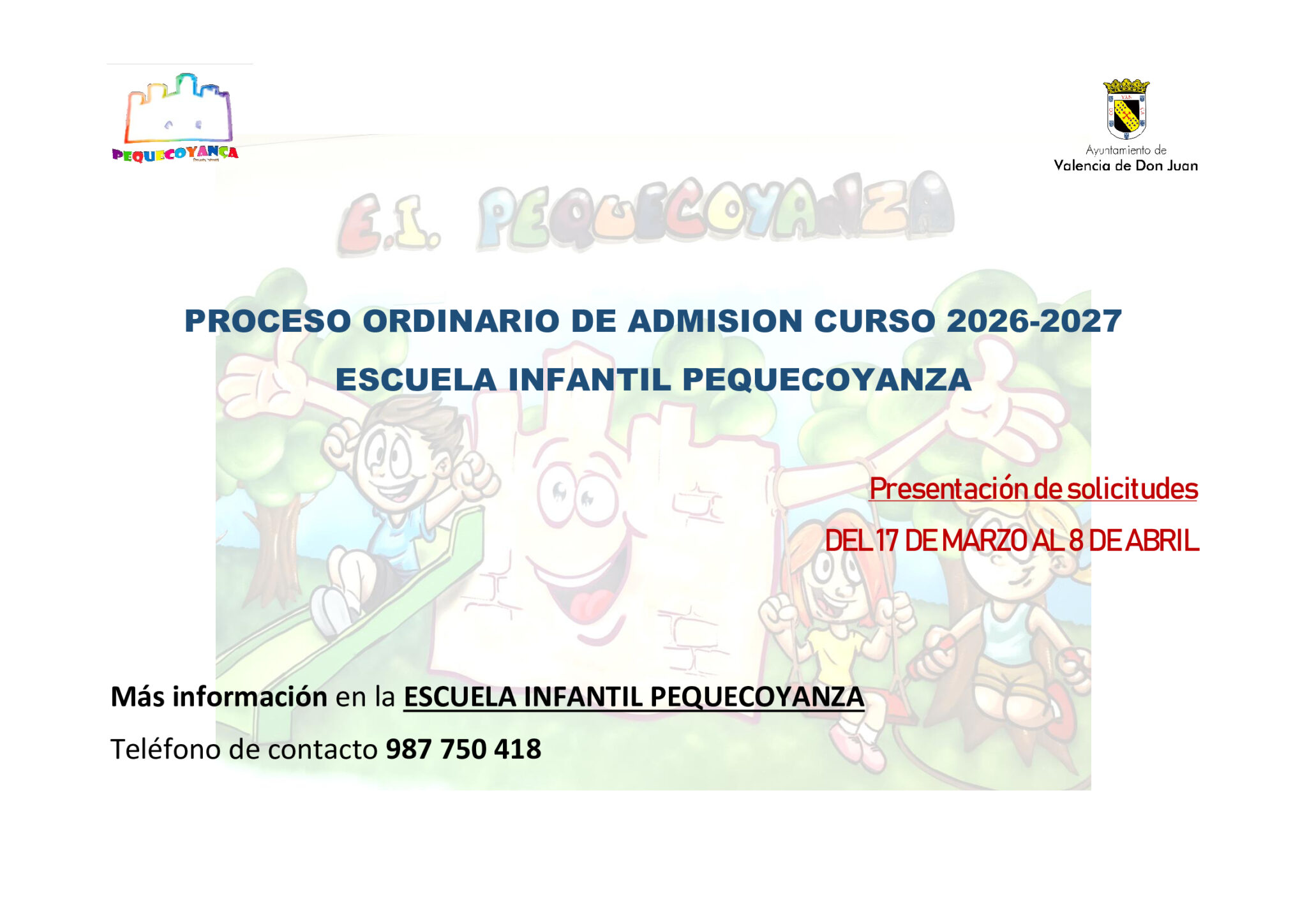 Proceso ordinario de admisión – Curso 2026-2027 Escuela Infantil Pequecoyanza